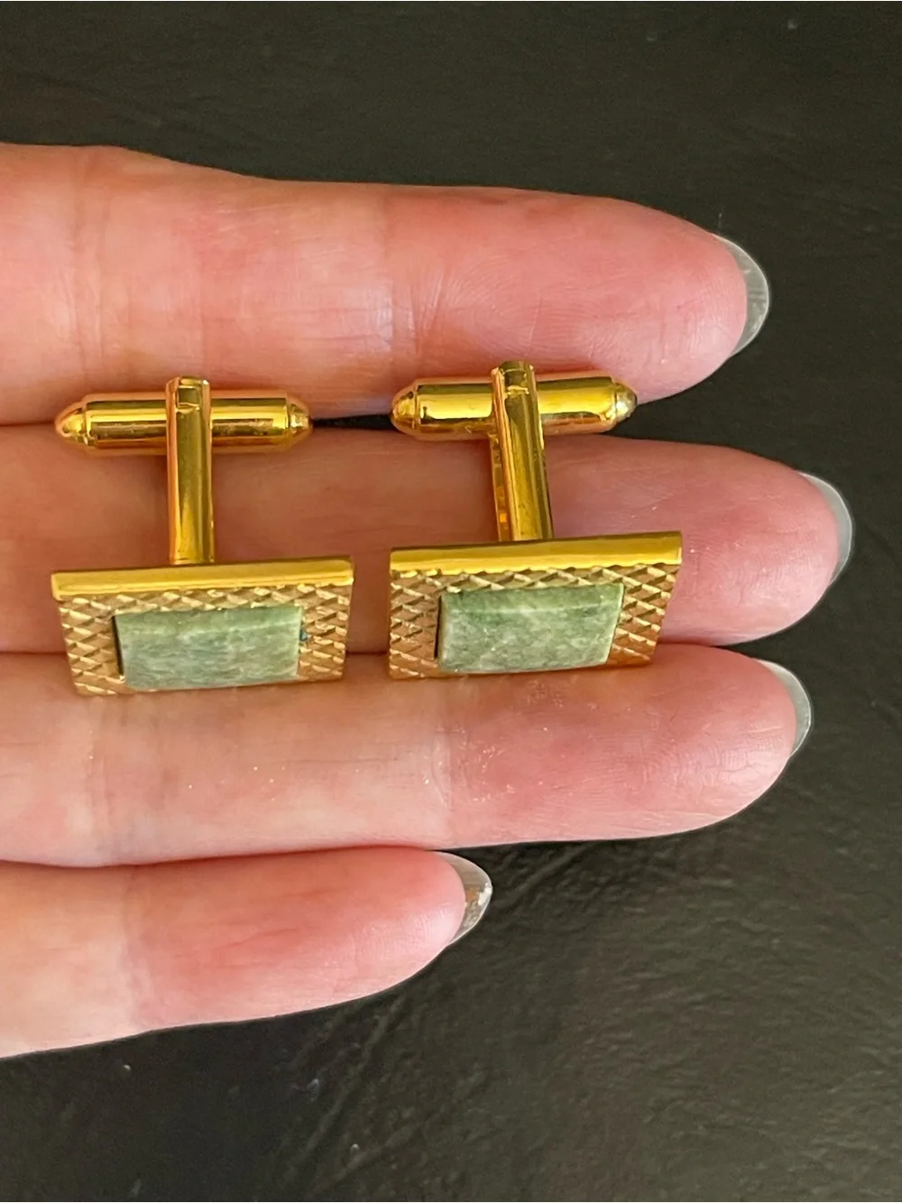 Vintage genuine green jade Stone square cuff links and tie tack.